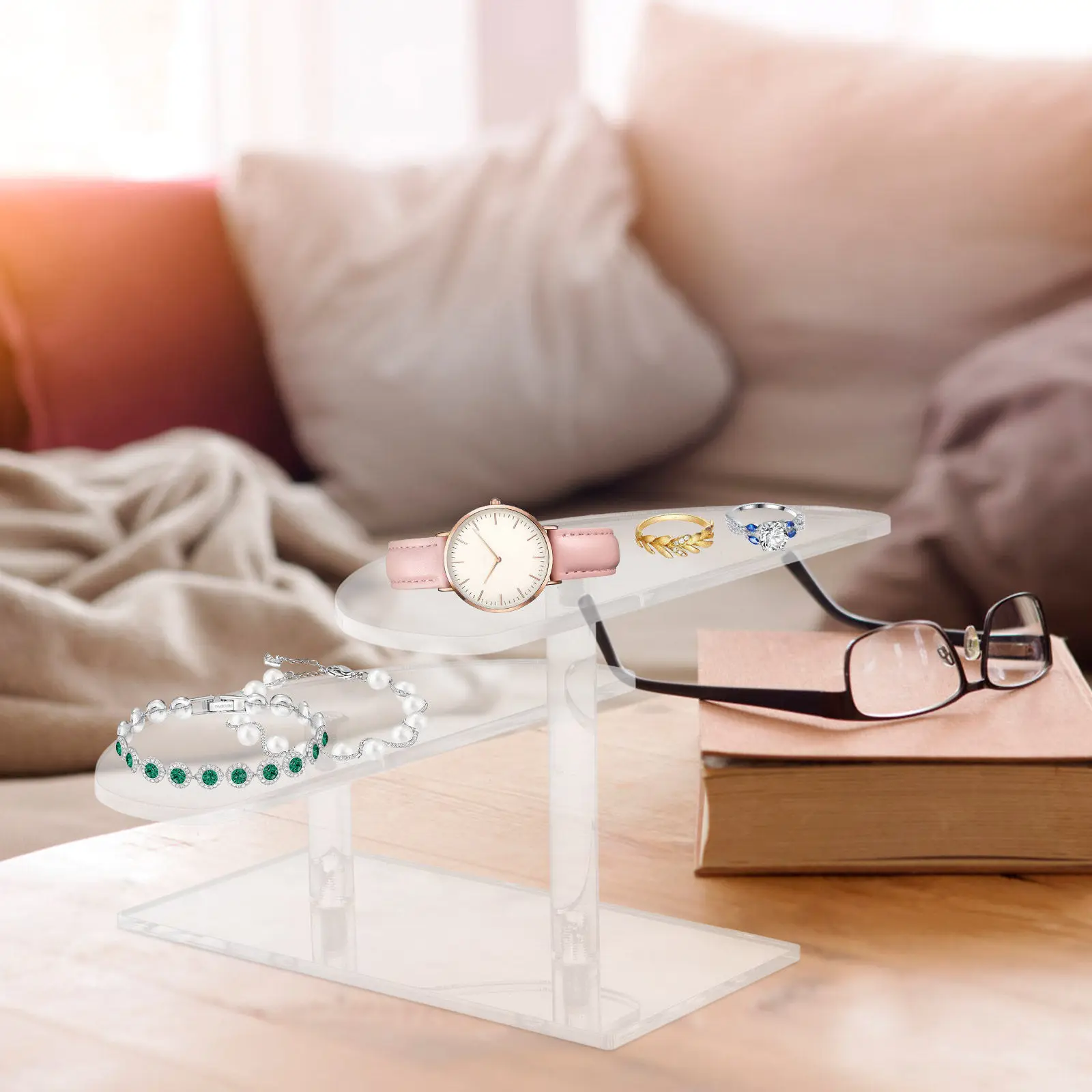 

Акриловая подставка-витрина 2-уровневая, прозрачная, для хранения и демонстрации ювелирных изделий, парфюмерии, часов, специй, декора для шкафов и комодов