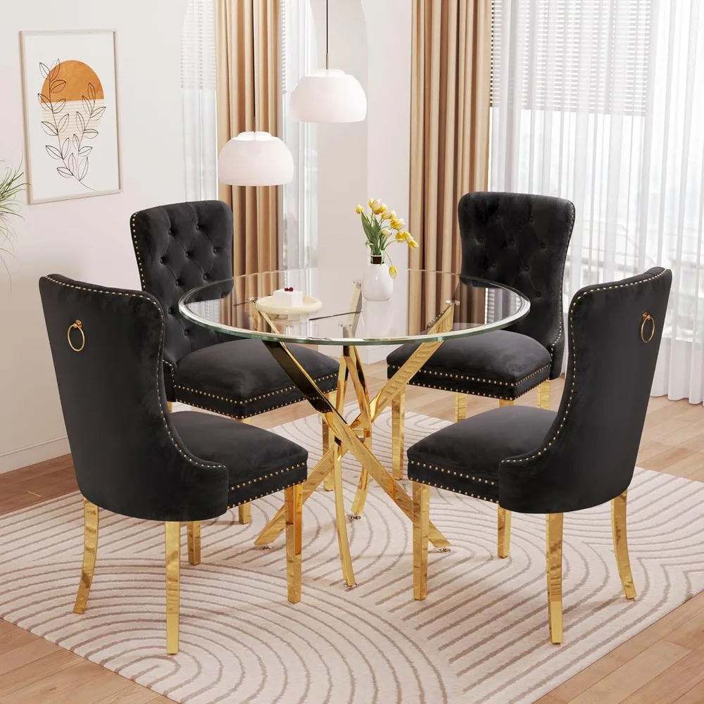 Glass Dining Table Set for 4, 5-Piece Round Tempered Glass Kitchen Table Set with 4 Velvet Upholstered Dining Chairs for Living