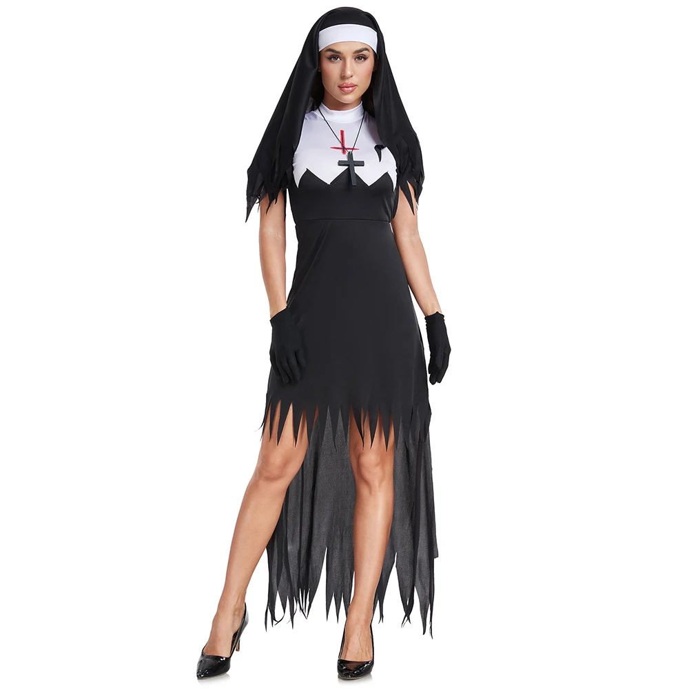 Freira Halloween Cosplay Fantasia, Preto, Medo, Irmã pecaminosa Trajes, Vampiro Demônio, Vestido extravagante