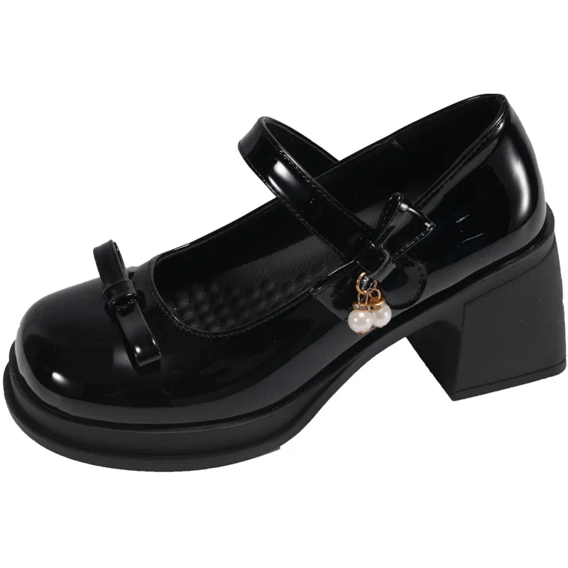 Franse Mode Retro Veelzijdige Boog Mary Jane Schoenen Dames Zomer Nieuwe Ronde Kop Dikke Hak Lage Top Hoge Hak Enkele Schoenen 2025