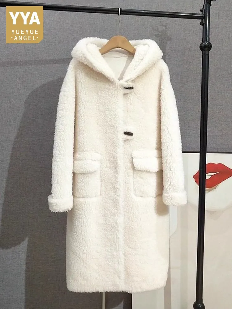 Winter Elegant Women 100% Wool Long Coat Loose Fit Thick Warm Real Sheep Fur Overcoat Ladies Work Casual Hooded Outerwear Coats