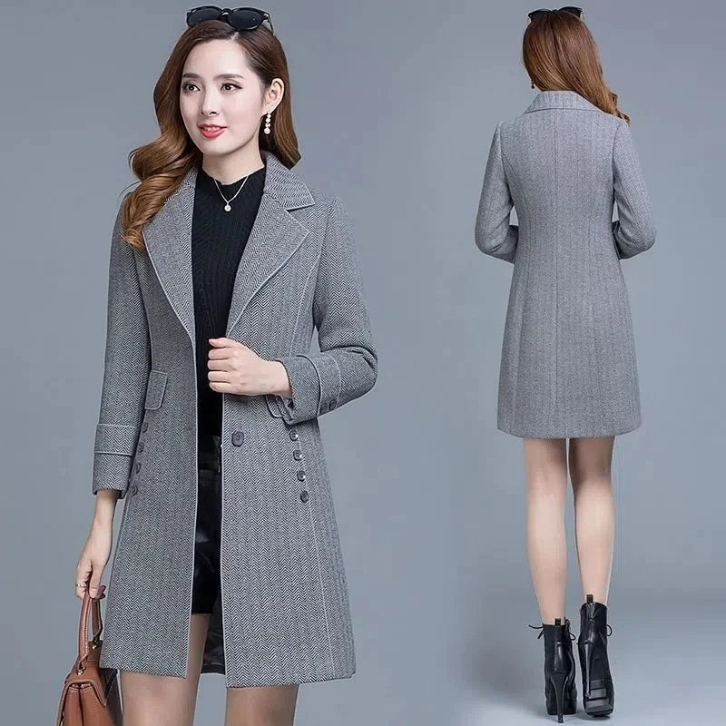 

Autumn Winter Woolen Coats Women Lapel Slim Wool Blend Jackets Korean Elegant Ladies Mid Long Overcoats 2023 New Outerwear 4XL