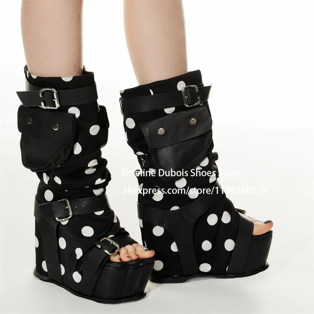 

Black White Polka Dot Platform Wedge Sandals Buckle Strap Open Toe Ankle Boots Sandals Novelty Lovely Shoes for Women Plus Size