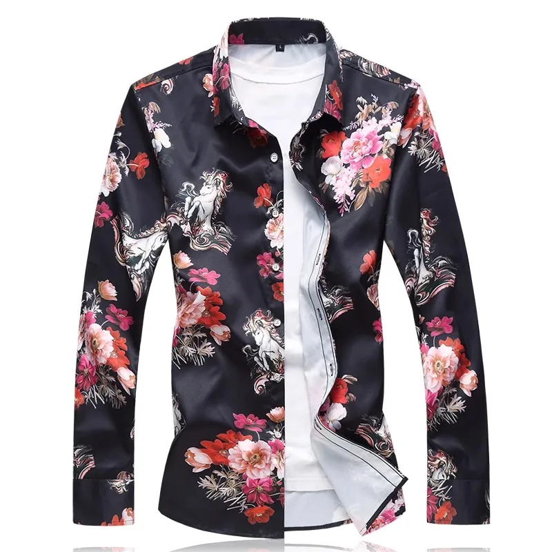 2024 New Men Business Social Flower Shirt Black / White Fashion Male Bar KTV Casual Long-sleeved Shirts