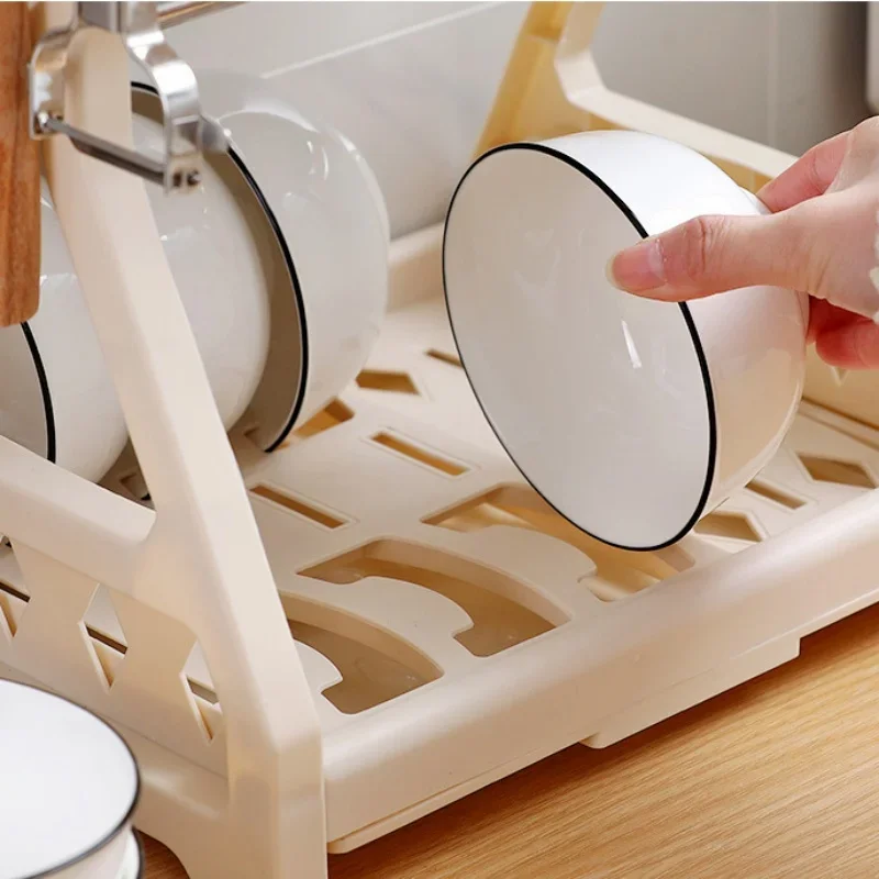 Dish Drainer Dish Drying Rack Kitchen Storage Double Layer Dish Drainer Shelf Knife Fork Container Holder Cutting Board Stand