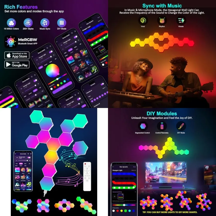 

Hexagon LED Lights - RGB Wall Panels with Music Sync, Smart App and Remote Control, DIY Modular Hex Light for Gaming Room, Bedr