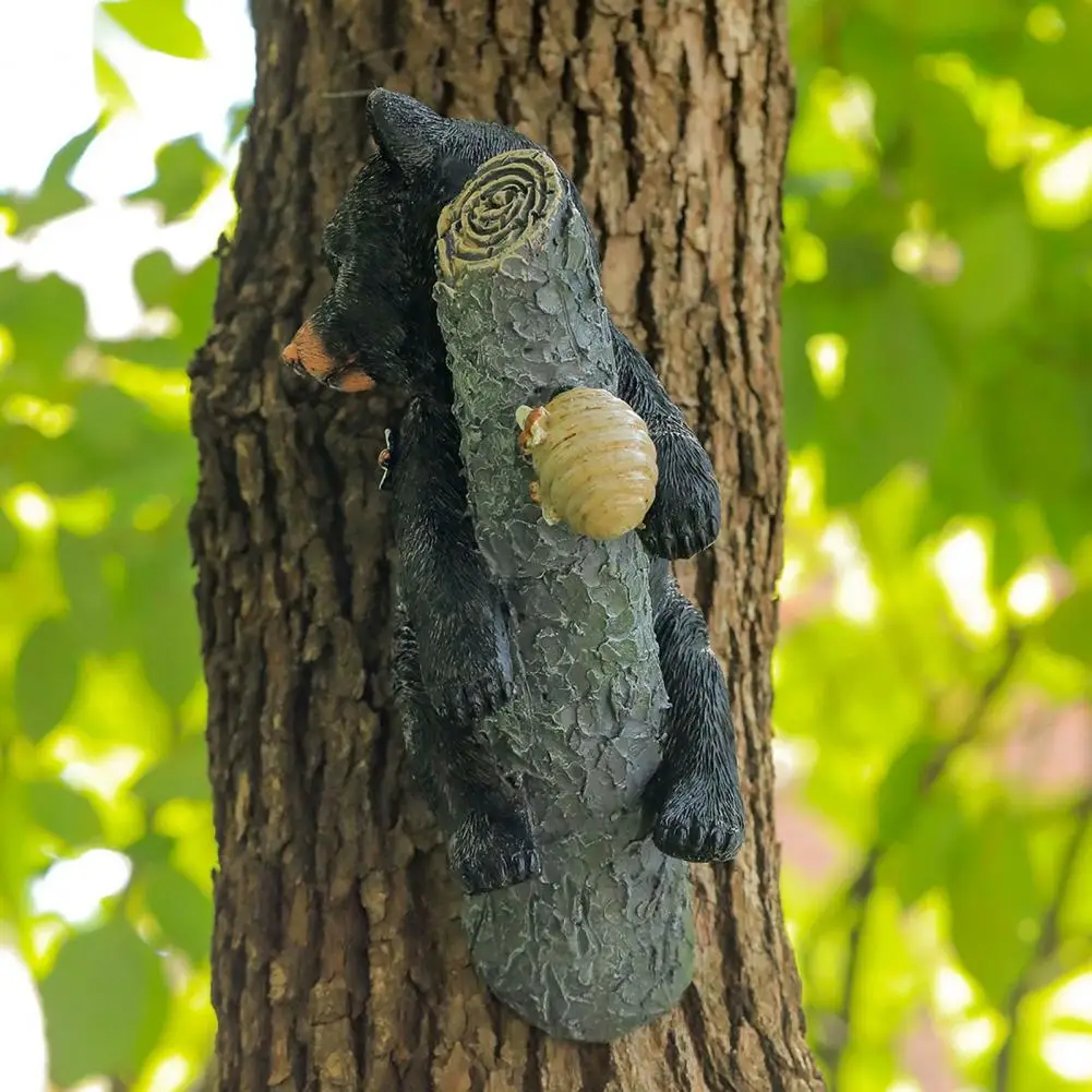Easy Install Tree Decor Cute Black Bear Cub Garden Statue with Honeycomb Bee Accents Outdoor Yard Decor Tree Branch for Fence