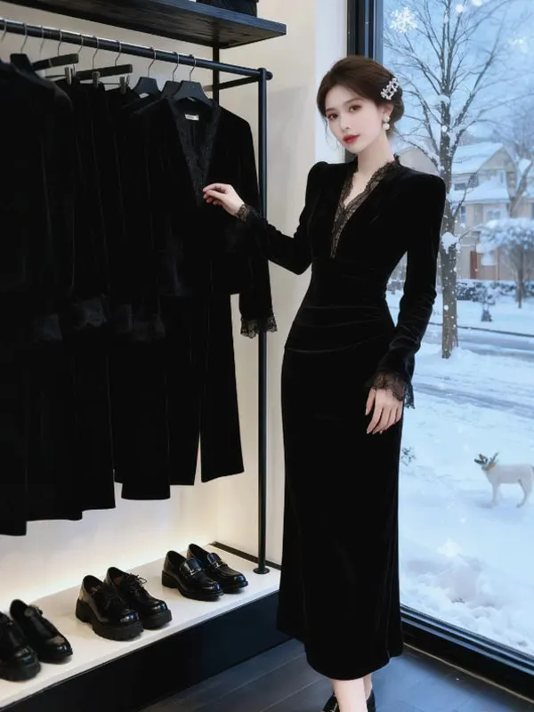 

Velvet Long Sve Sexy Bell Sve Dr Women's Winter Faion High Waist Lace Splice Slim Fit H-ape Skirt Sle Dr