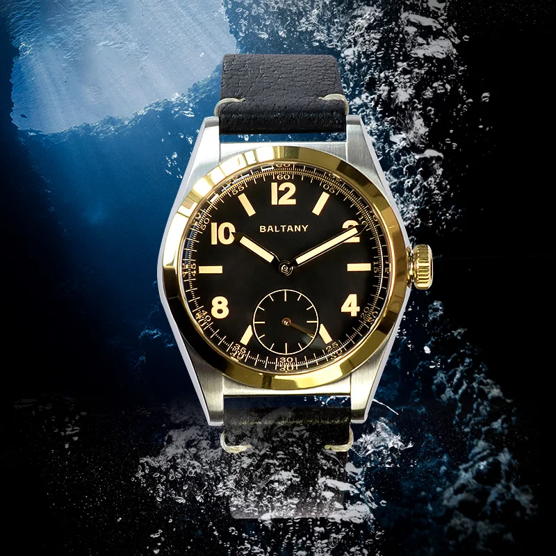 Baltany 버블 백 원피스 시계, 서브 다이얼 IPG 베젤 가죽 골드 핸드 사파이어 크리스탈 스테인레스 스틸, VD78 쿼츠 손목시계