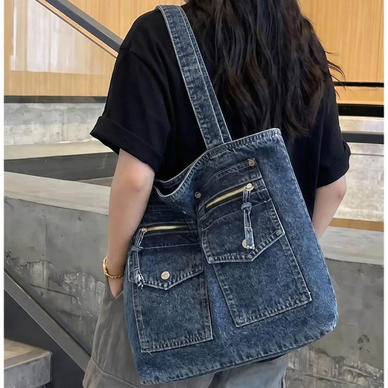 Ladies' Handbag 2026 Double Pocket Motorcycle Retro Casual Large Capacity Denim Bags New Mommy Tote Shoulder Bags