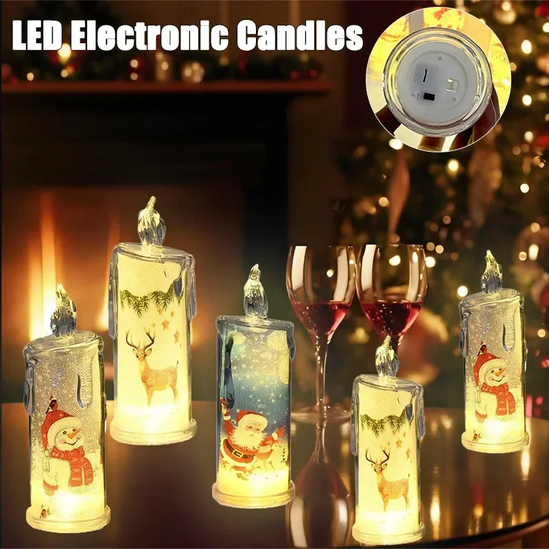 1/4/8PCS Transparent Electronic Candle Built in Printed LED Simulation Flameless for Christmas Decoration Ambient Lighting