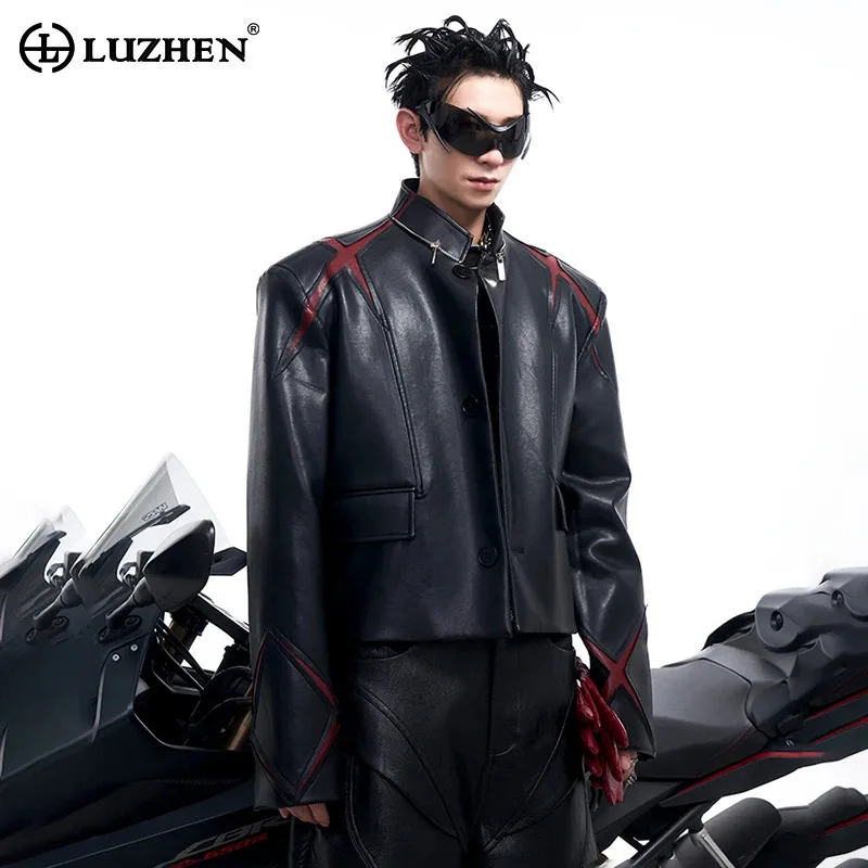 

LUZHEN Standing Collar Motorcycle Short Leather Jacket Original Personalized Trendy Color Contrast Street Men's Coats LZ5707