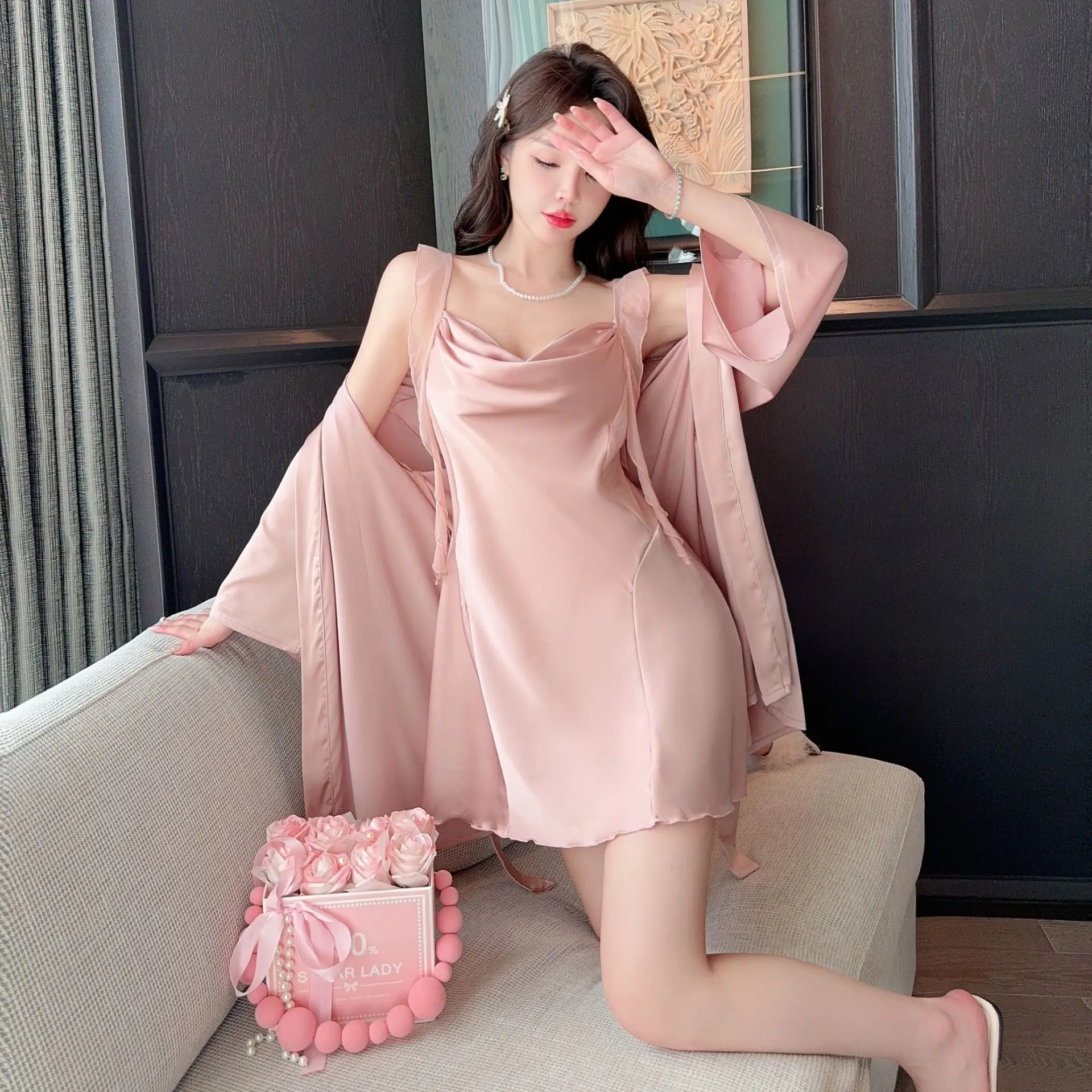 Sexy Minimalist Silk Sleepwear Set Two-Piece Set with Strap Outer Robe Casual Home Clothes Fashionable Simplicity Leisure Wear