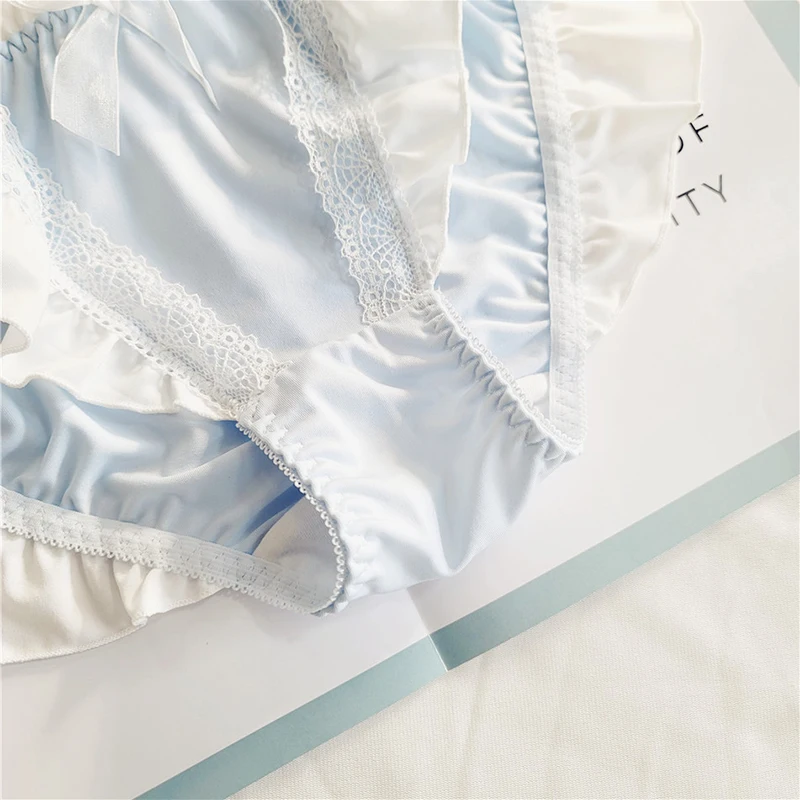 Women Cute Lovely Sweety Lolita Princess Style Underwear Stretch Milk Silk Bow Ruffle Panties Lace Breathable