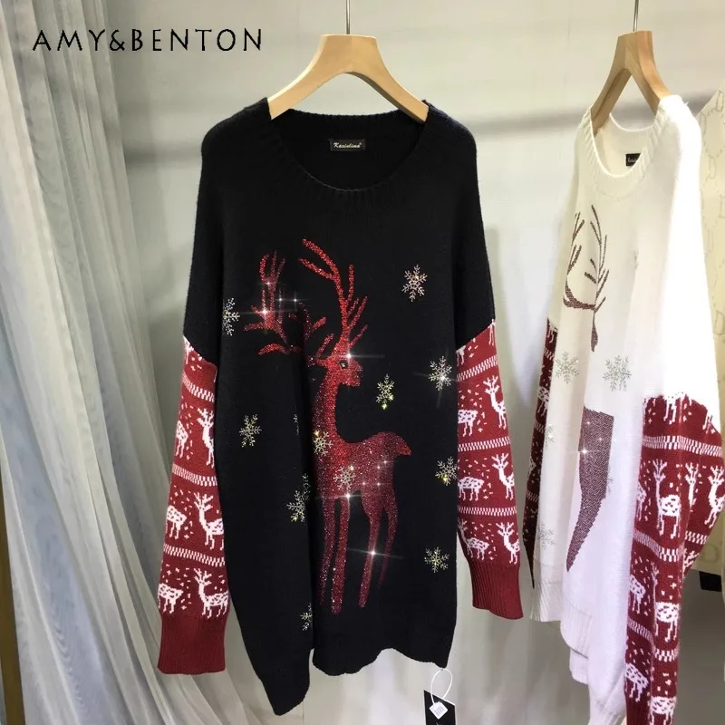 

Heavy Embroidery Diamond Drills Sweater Christmas Deer New Year Sweater Top Winter Thick Warm Loose-Fitting Mid-Length Knitwear