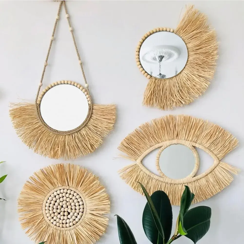 home decor Hanging Mirror Raffia Wood Beads Acrylic Multifunct Decorative Decorations Bedroom Decorative Wall Mirror room decor