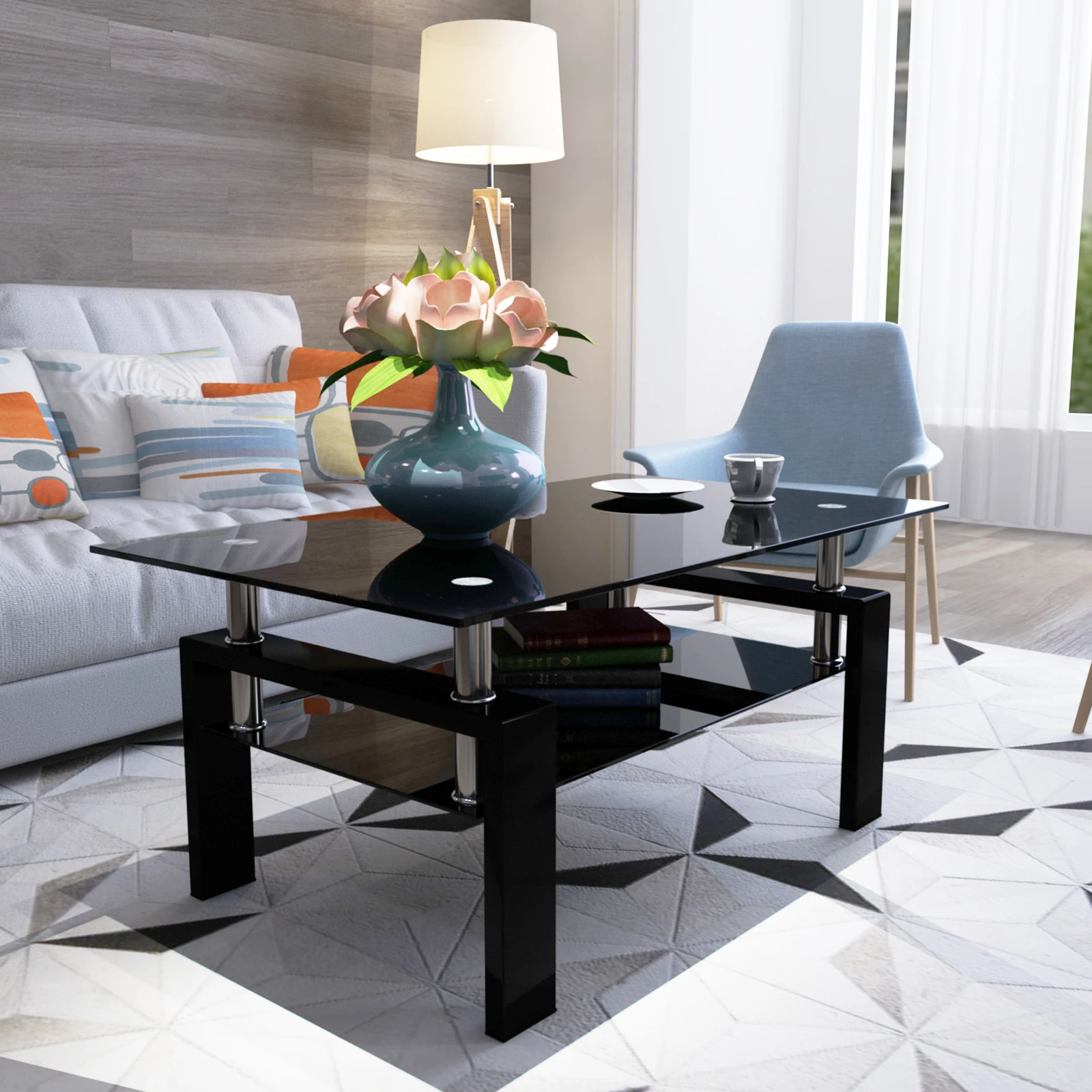 Rectangle Black Glass Coffee Table, Clear Coffee Table End Table Modern Side Center Tables for Living Room Living Room Furniture