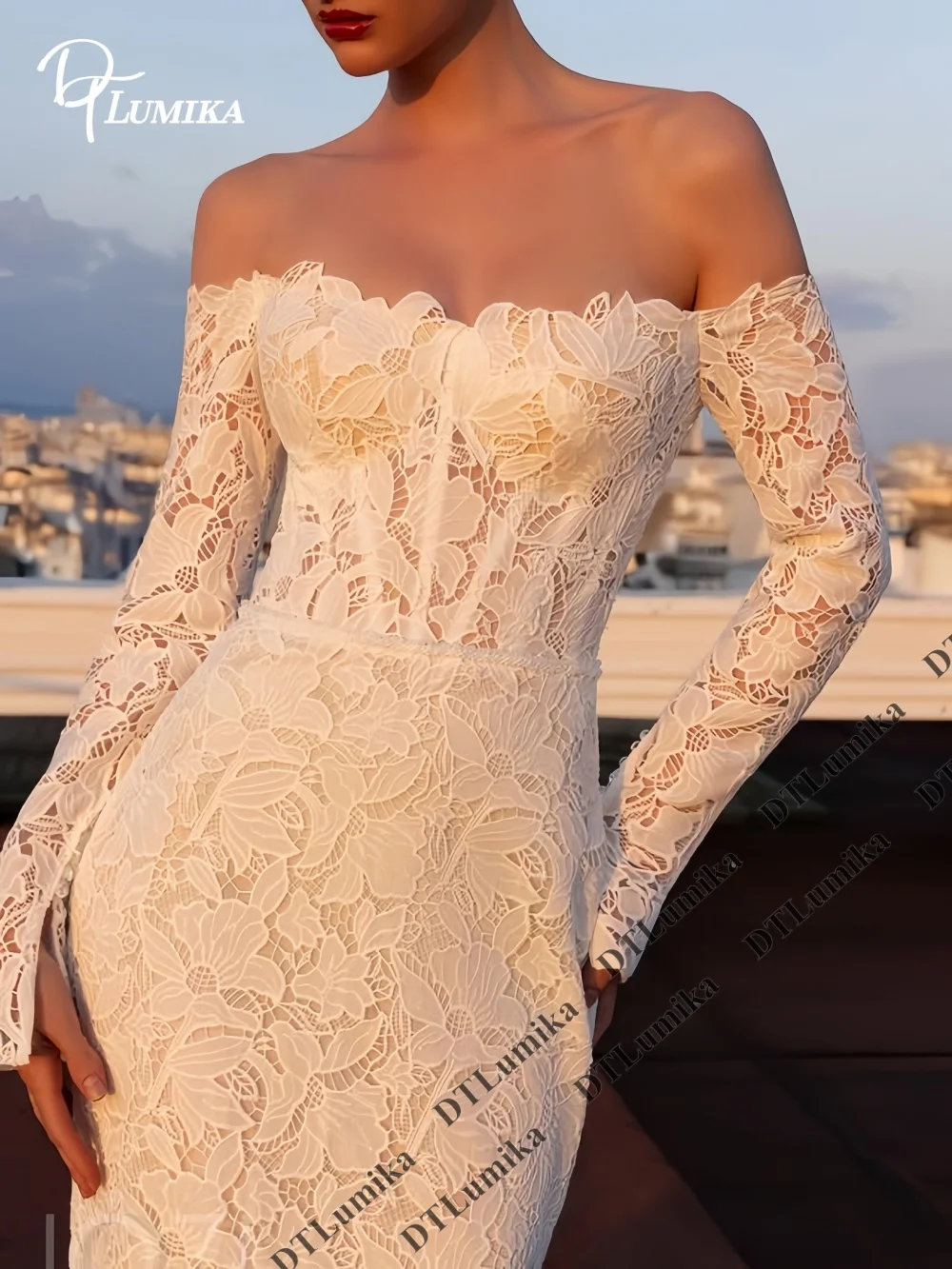 Off Shoulder Wedding Dress Bridal Gown Lace Mermaid Long Sleeves Customized Destination Wedding Sweep Train Elegant Bride Dress