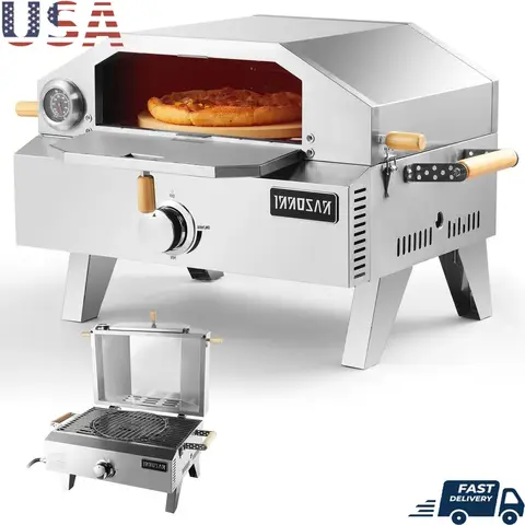 Outdoor Propane Pizza Oven Portable Gas BBQ Grill with 13 Inch Pizza Stone Thermometer 2-in-1 Design Camping Cooking
