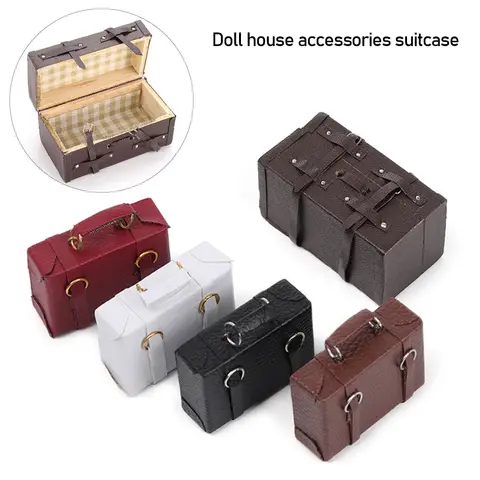 1:12 Scale Doll Leather Luggage Miniature Portable Trunk Mini Suitcase Vintage Wood Box Dollhouse Furniture Dolls Accessories