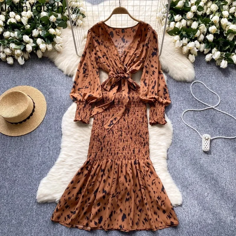 Vintage Woman Dress V-neck Lantern Sleeve Temperament Robe Femme Tunic Folds Bodycon Print Maxi Dresses 2024 Vestidos De Mujer