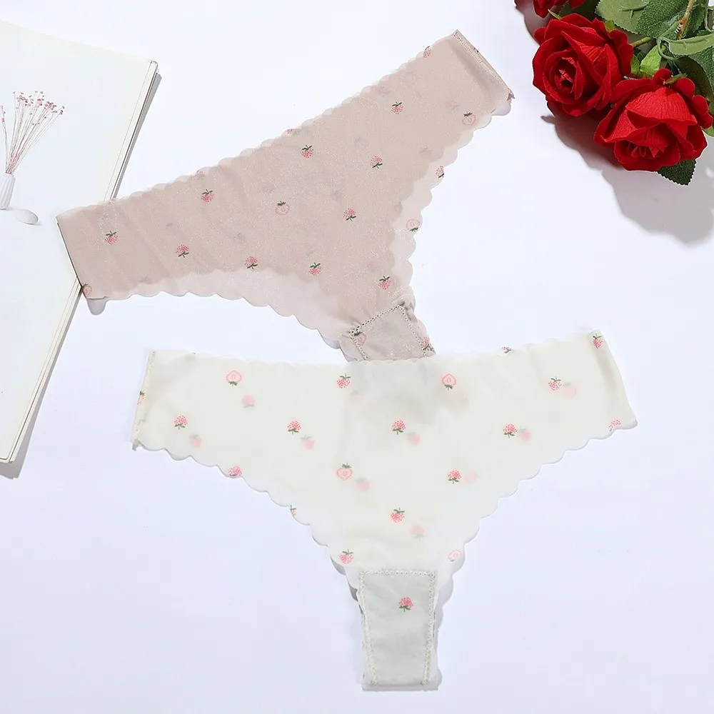 Comfortable Soft Ice Silk Thongs Traceless Underpants Peach Printed Briefs Thin Lingerie T-back Panties Daily Wear