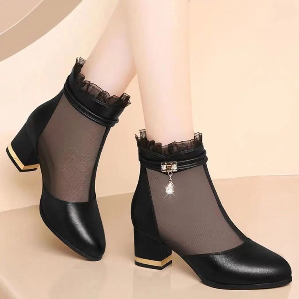 Women Sandals Boots,High Heeled Short Botas,Summer Mesh Shoes,Female Fashion Pointed Toe,Black,Big Size 35-41,Dropship