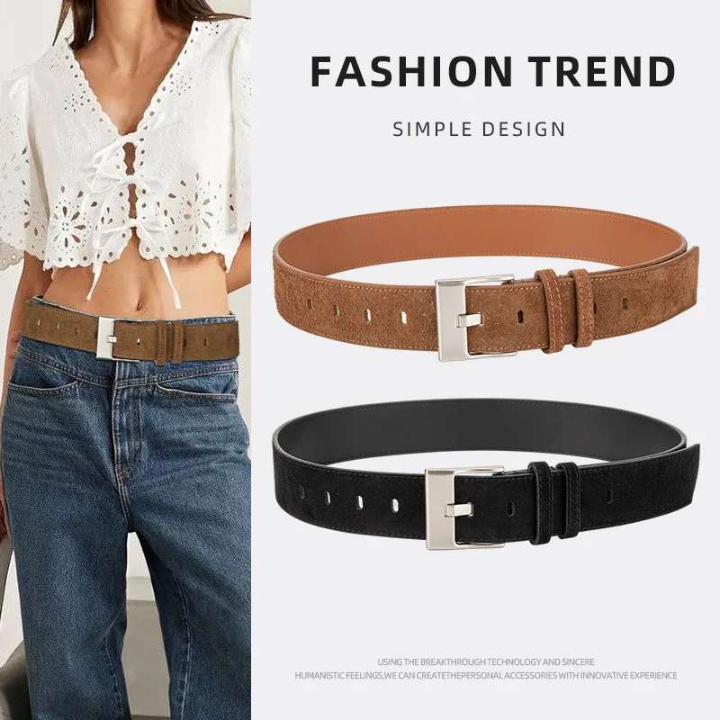 

Retro American Pure Cowhide Belt for Ladies Frosted Suede Needle Buckle Decoration Paired with Dress Casual Jeans Luxury Belt