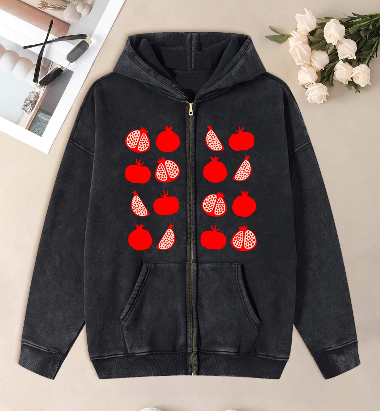 Pomegranate Form Illustration Design Washed Zipper Hoodie Women Cotton Autumn Hoody Hip Hop Fashion Streetwear Loose Soft Top