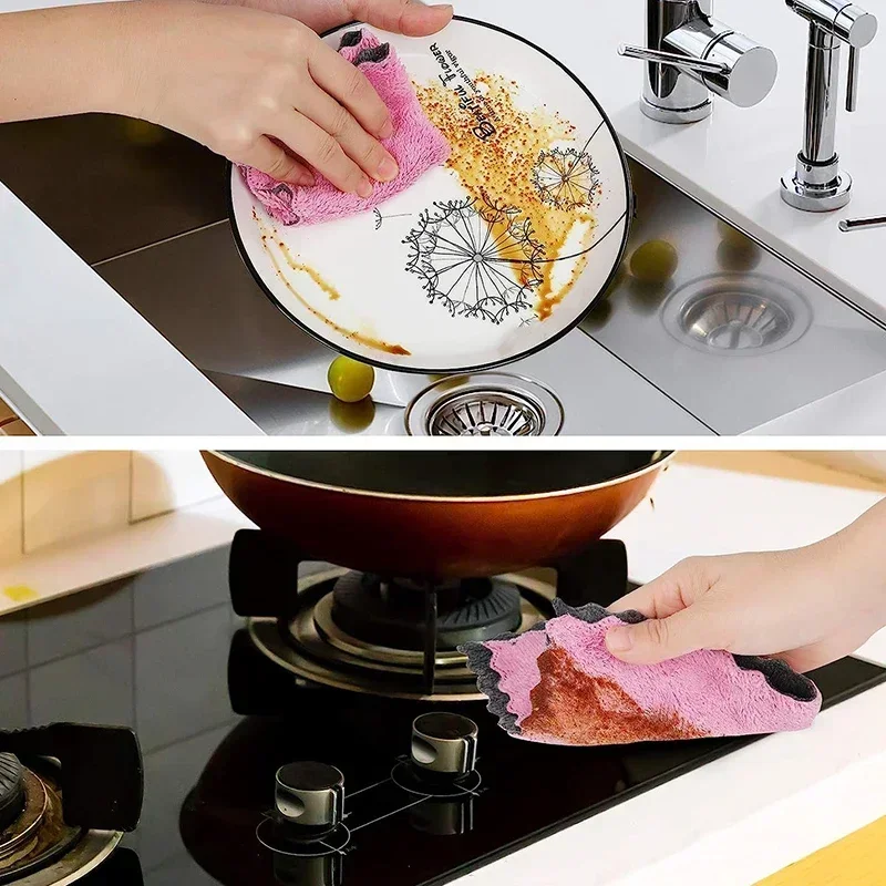 1/5/10pcs Microfiber Towels Double-layer Absorbent Kitchen Cleaning Cloth Non-stick Oil Dish Rags Scouring Pad Home Clean Cloths