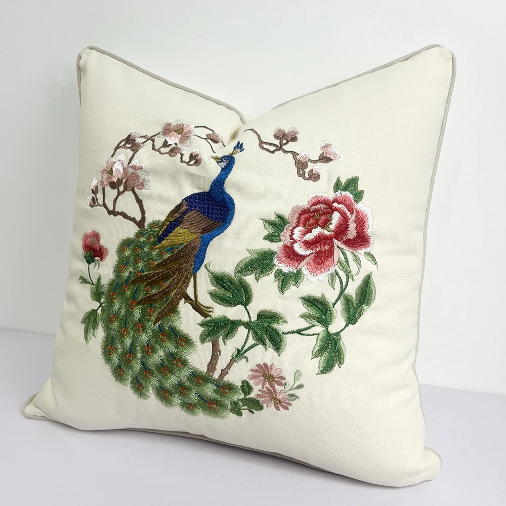 Traditional Chinese Style Peacock Peony Flower Embroideried Decorative Sofa Cushion Cover 45x45cm 1 Piece Pack