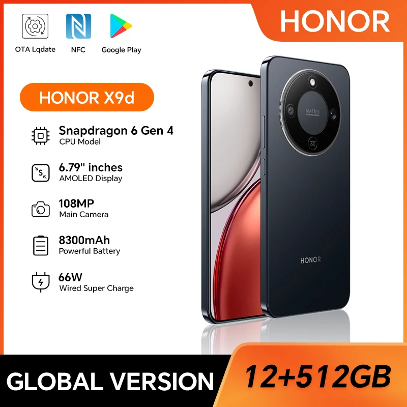 Global Version HONOR X9d 5G 12GB512GB 6.79'' AMOLED Screen Snapdragon 6 Gen 4 108MP AI Camera 8300mAh Battery 66W SuperCharge