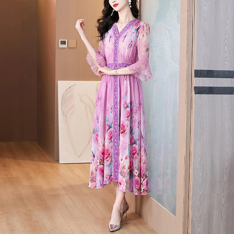 Summer Spring Holiday Boho Beach Hepburn Maxi Vestidos Women's Vintage Print Elegant Evening Prom 2025 Luxury Silk Midi Dress