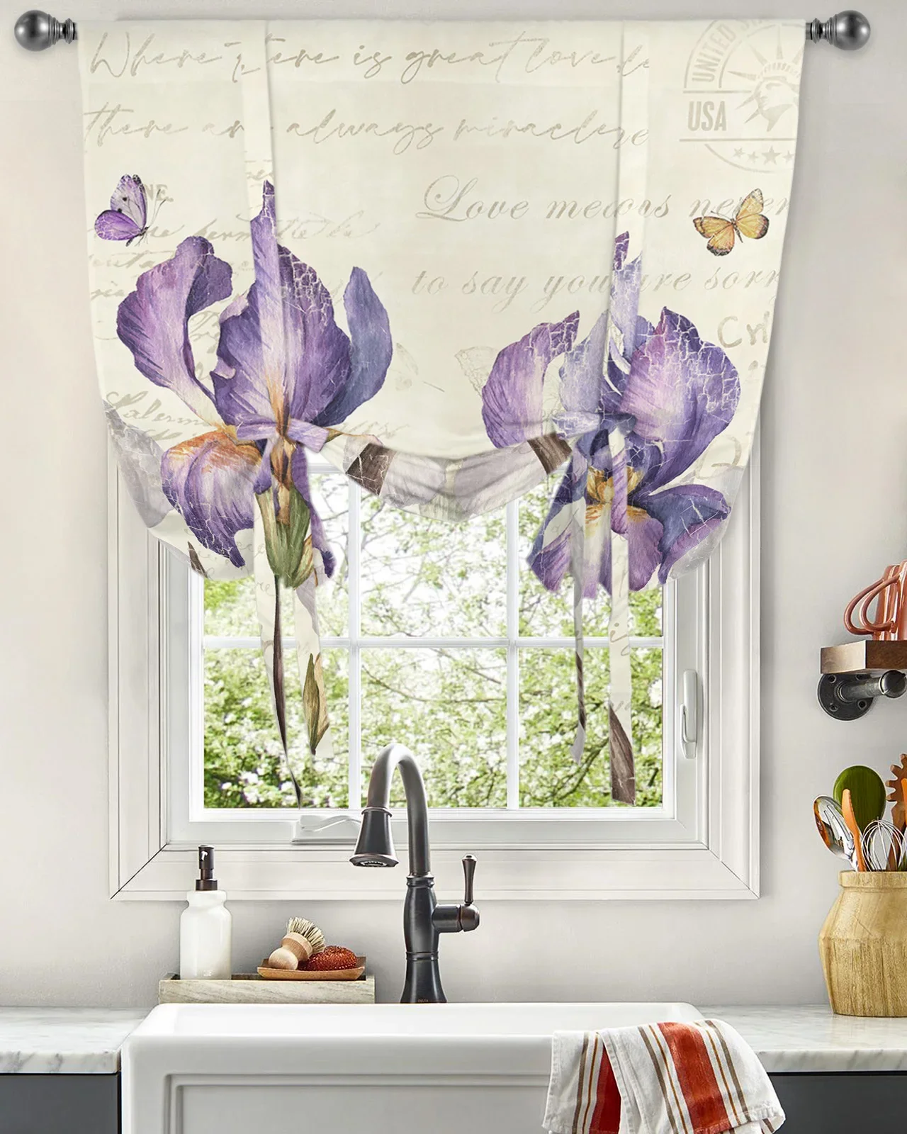 Vintage Iris Butterfly Rustic Window Curtains Tie Up Curtains for Kitchen Living Room Adjustable Rod Pocket Drapes