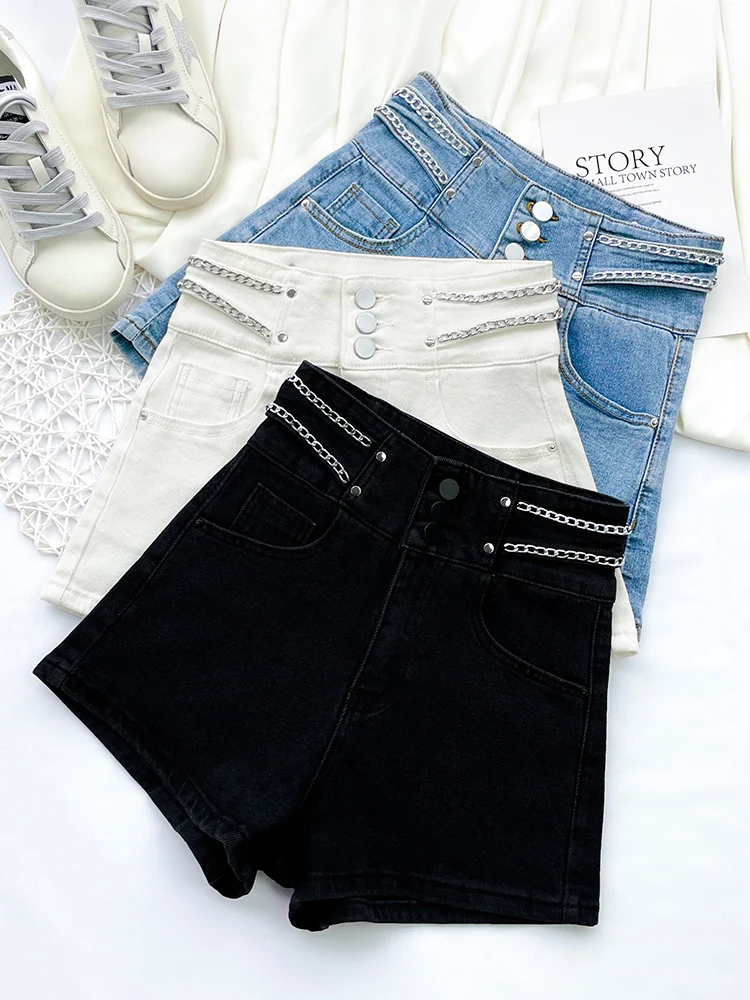 

High Waist Three Button Denim Shorts For Women Summer New Korean Chain Slim Wide Leg Fashion High Street Solid Hot Pants