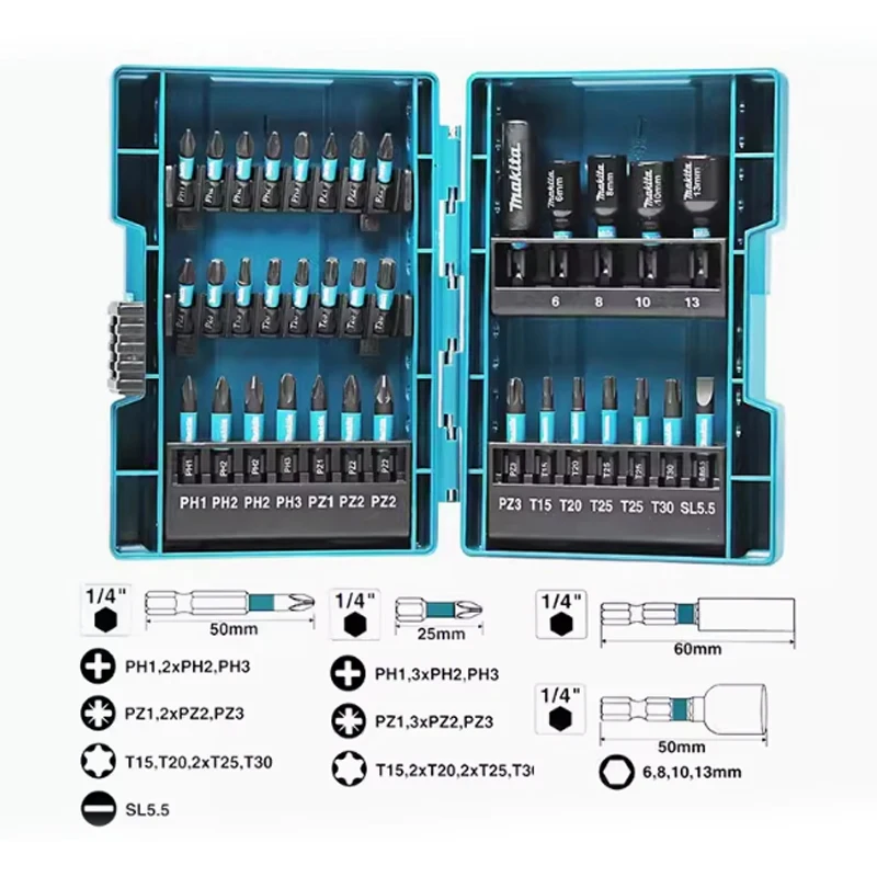 Makita E-06638 Impact Driver Bit Socket Suit 35 Pieces Hex Axle Hexagon Screwdriver Head Muff Set Electric Tool Accessories