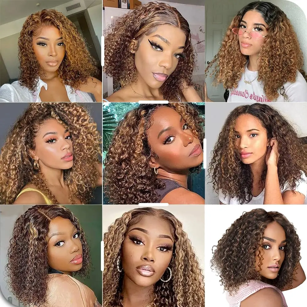 Higlight-Perruque Bob Lace Front Wig Naturelle, Cheveux Humains, Deep Wave, P4/27, 13x4, Pre-Plucked, pour Femme