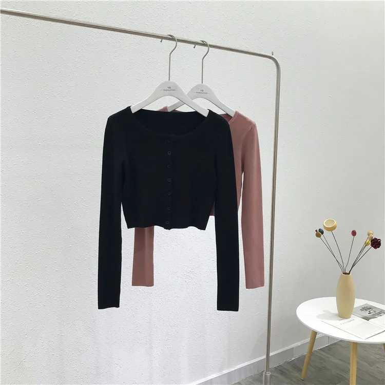 

6, осенне-зимний элегантный однотонный кардиган с круглым вырезом и пуговицами для похудения, бумажный кардиган, топ