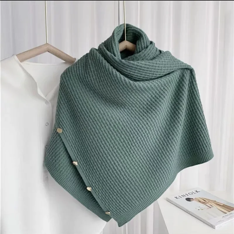 Spring Autumn Multi-purpose Button Scarf Women Knitted Shawl Changeable Imitation Cashmere Cloak Poncho Capes Black