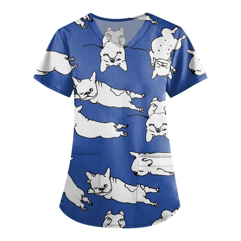 Women's Cat PrintVShort-sleeved medical uniformTShirt Micro-elastic breathable fabric for dental clinics and pet hospitals