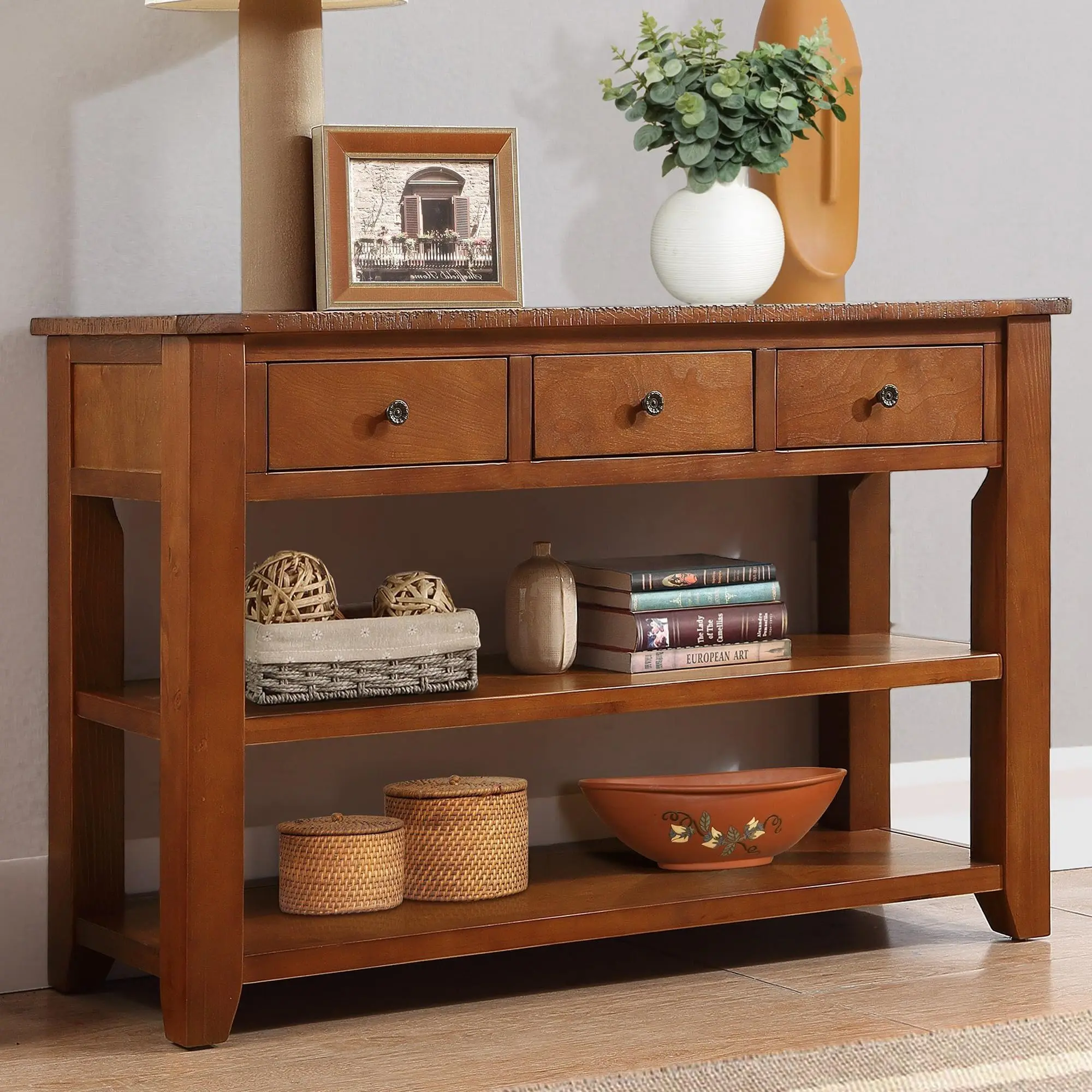 Modern Farmhouse Entryway Console Table 48 Inch Wood Sofa Table with 3 Drawers & 2-Tier Storage Shelves for Living
