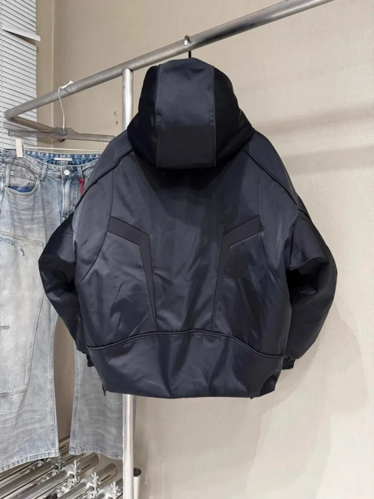 Winter Spliced Black Men Hooded Down Coat American Style Motorcycle Puffer Jacket Loose Fit Zip Waterproof Jackets Casual Coats