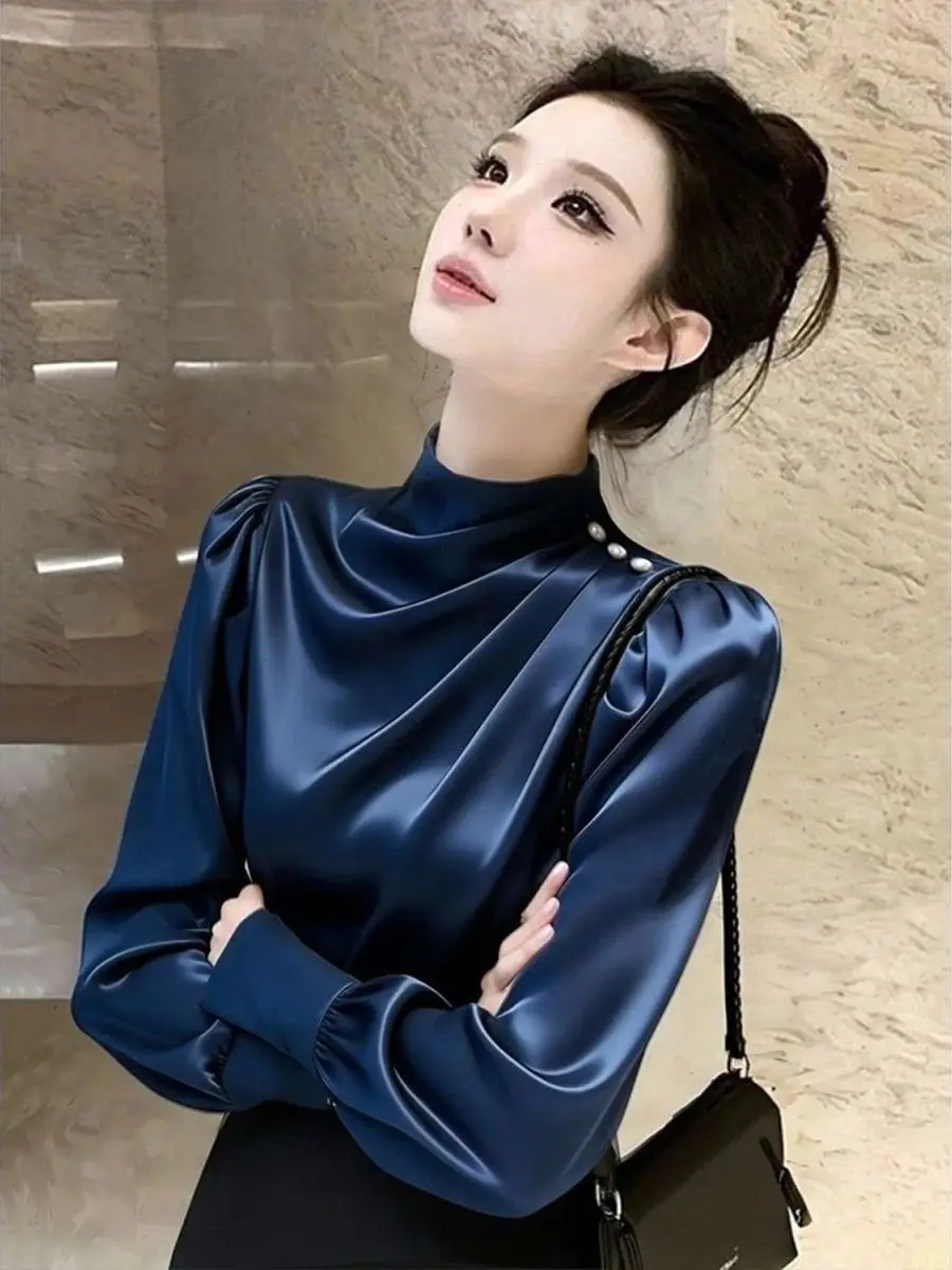

Elegant Soft Style Silk Shirt Deep Blue Spring 2026 Ageless Fashion Women's Loose Fit Long Sleeve High Collar Elegant Shirt