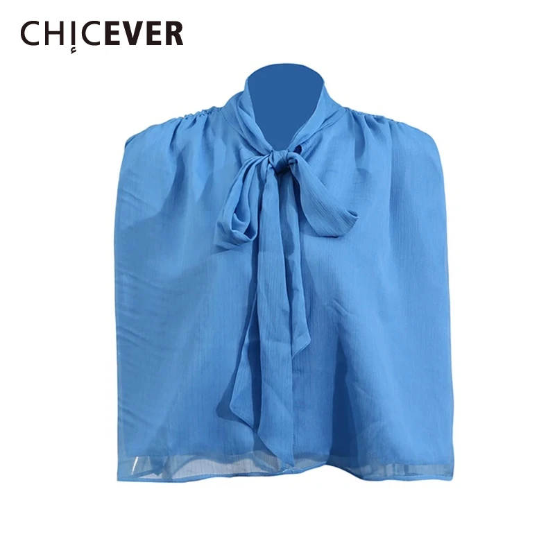 

CHICEVER Blue Color Elegant Blouses for Women Scarf Collar Sleeveless Spliced Folds Temperament Short Shirt Female Fashion New