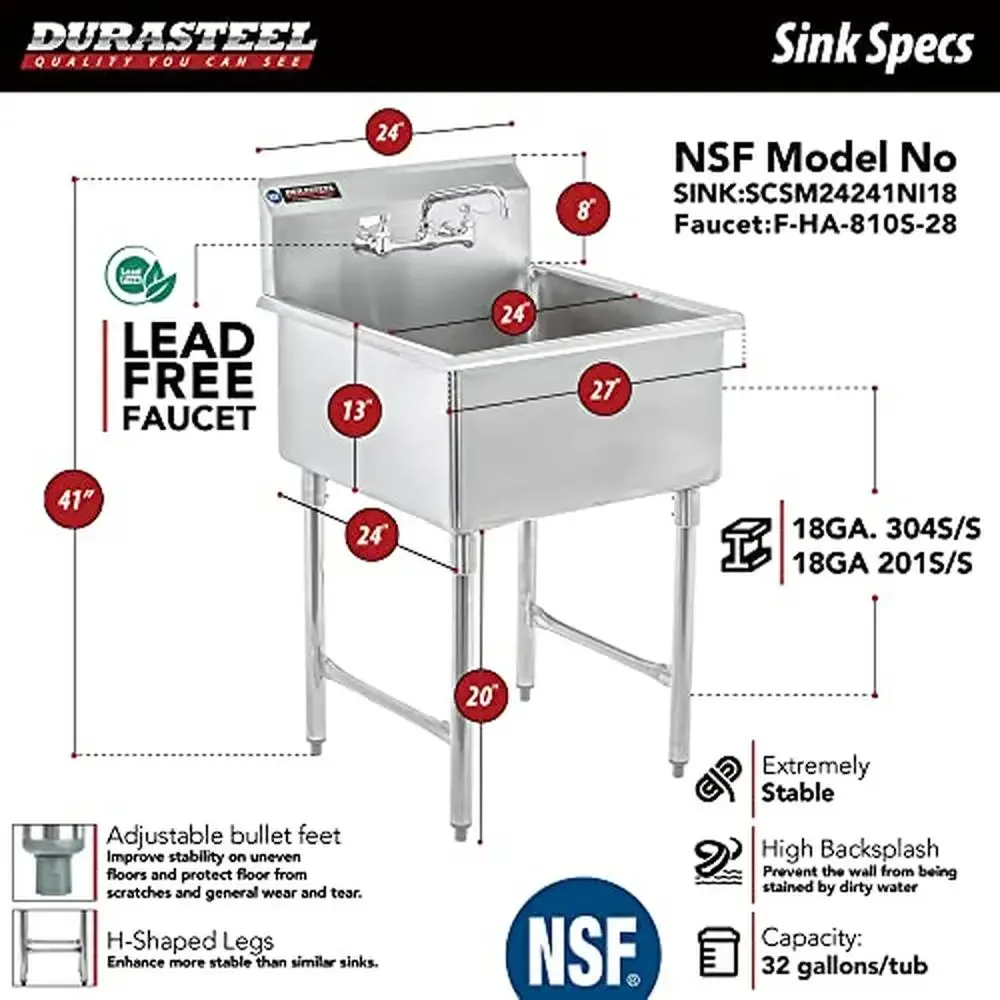 Commercial Kitchen Sink NSF Certified 1 Compartment Stainless Steel Prep  24