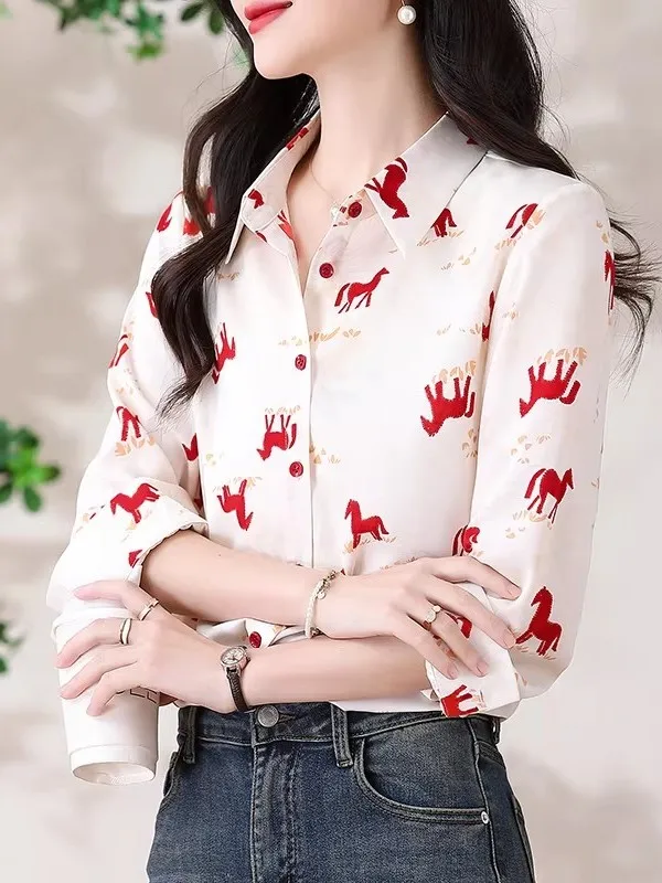 

Женская свободная блузка с цветочным принтом, на одной пуговице, весна 2026, новая универсальная модель, высококачественная ткань, длинный рукав, отложной воротник