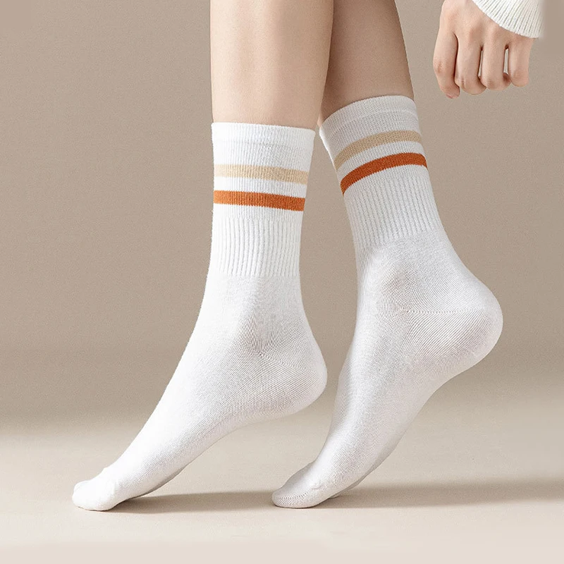 5 Pairs Women White Tube Socks Parallel Bars Sports Casual Socks Contrast Color High Elastic Stripe Stockings All-Match Men and