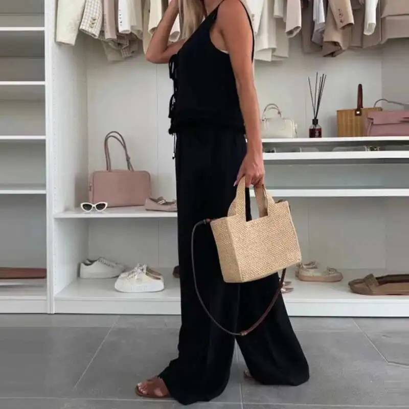Letni koronkowy patchworkowy garnitur wakacyjny Lady Fashion Hollow Sleeveless Beach Outfit Casual V Neck Tie Up Top + Long Pants Two Piece Set
