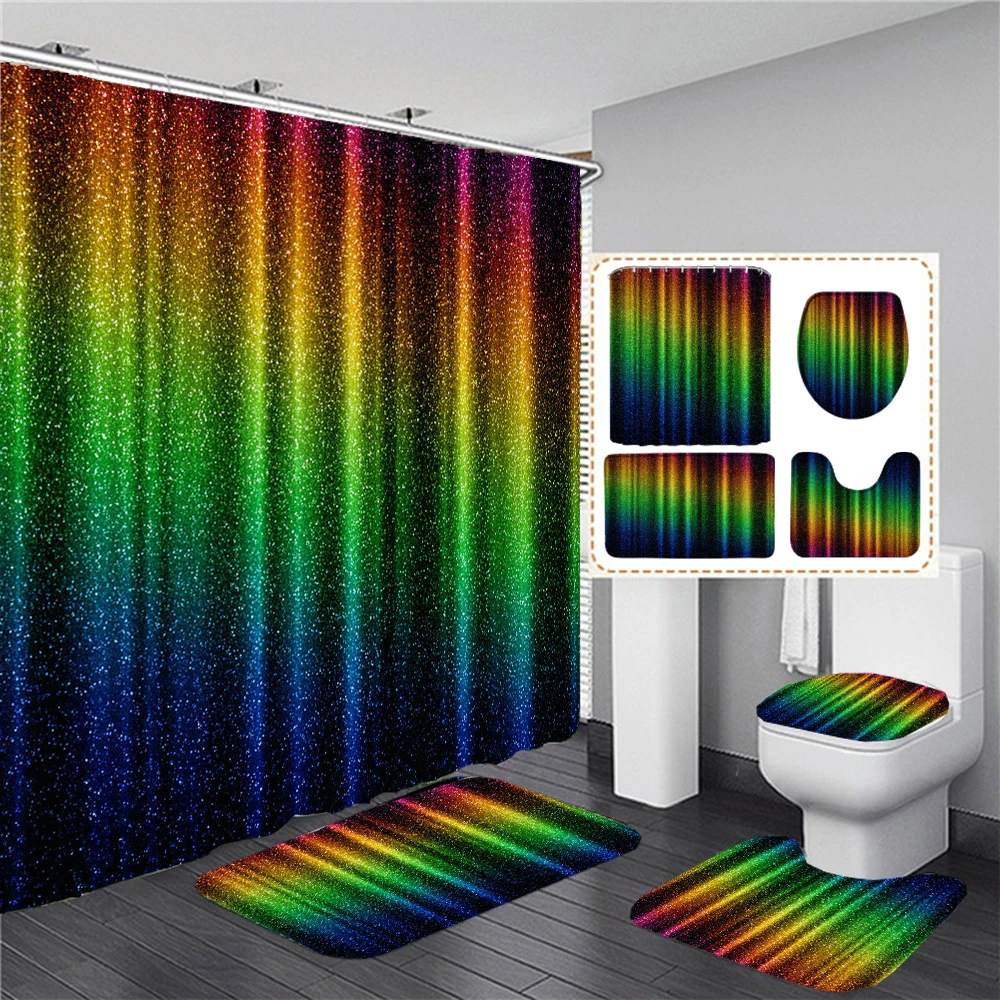

Sparkling Golden Red Shower Curtain Set with Non-Slip Rugs Toilet Lid Cover and Bath Mat Glitter Shower Curtain Bathroom Decor