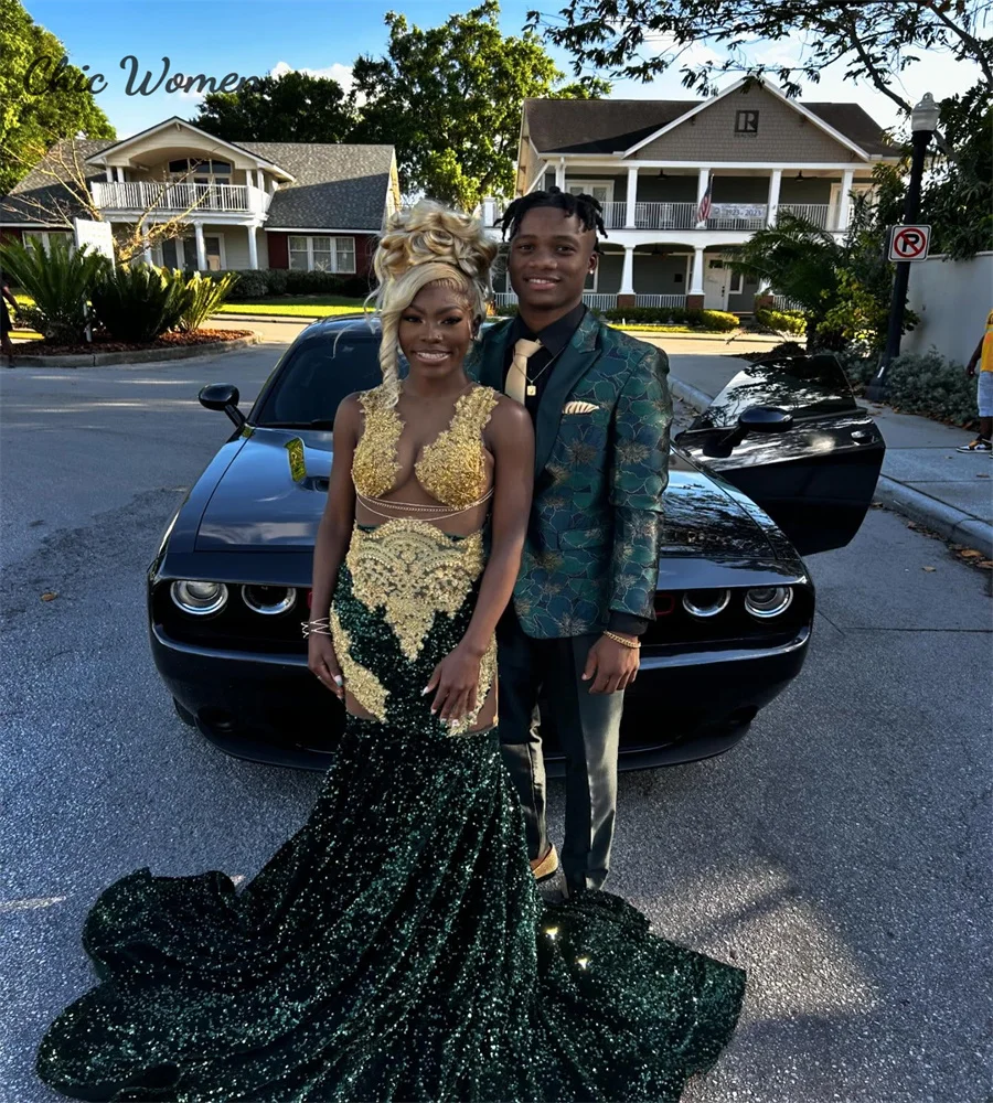 Amazing Dark Green And Gold Prom Dress For Black Girls Lace Mermaid Evening Dress Illusion Top Sequin Birthday Party Customized